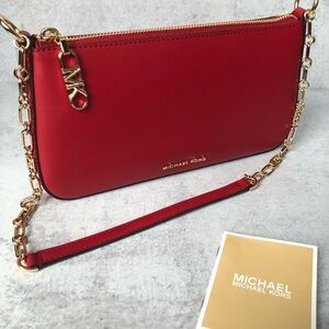 Michael Kors Empire Crimson Red Medium Pouchette Leather Bag Gold Chain